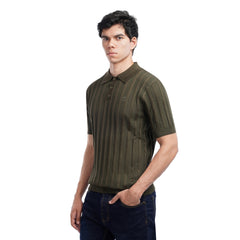 Men’s Knit Polo Shirt – Slim Fit Vertical Stripe Textured Summer Top