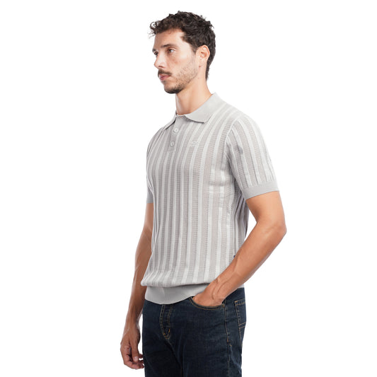 Men’s Knit Polo Shirt – Slim Fit Vertical Stripe Textured Summer Top