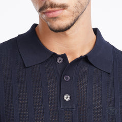 Men’s Knit Polo Shirt – Slim Fit Vertical Stripe Textured Summer Top