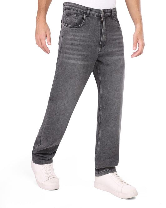 Men’s Wide Leg Jeans – Washed Denim with Faded Whisker Detail & Relaxed Fit