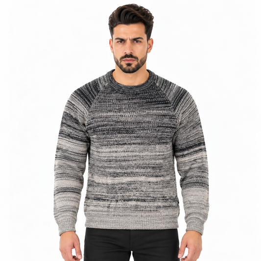 Men's Crew Neck Knitted Sweater with Gradient Striped Pattern, Long Sleeves and Ribbed Cuffs