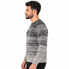 Men's Crew Neck Knitted Sweater with Gradient Striped Pattern, Long Sleeves and Ribbed Cuffs