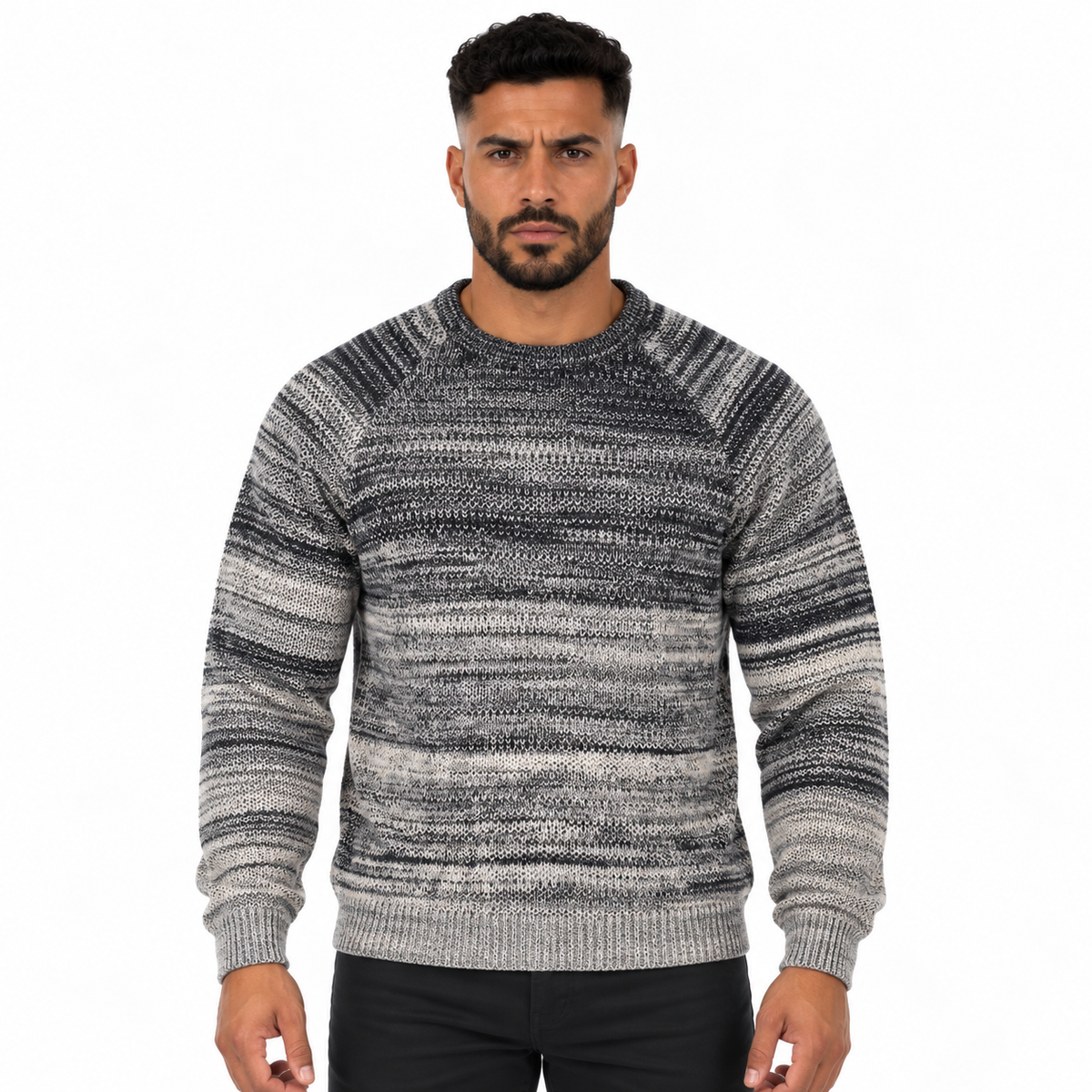 Men's Crew Neck Knitted Sweater with Gradient Striped Pattern, Long Sleeves and Ribbed Cuffs