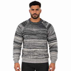 Men's Crew Neck Knitted Sweater with Gradient Striped Pattern, Long Sleeves and Ribbed Cuffs