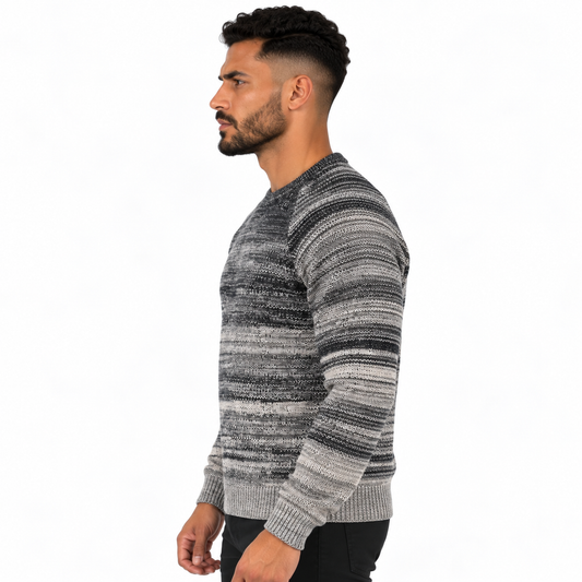 Men's Crew Neck Knitted Sweater with Gradient Striped Pattern, Long Sleeves and Ribbed Cuffs