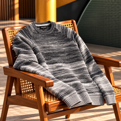 Men's Crew Neck Knitted Sweater with Gradient Striped Pattern, Long Sleeves and Ribbed Cuffs