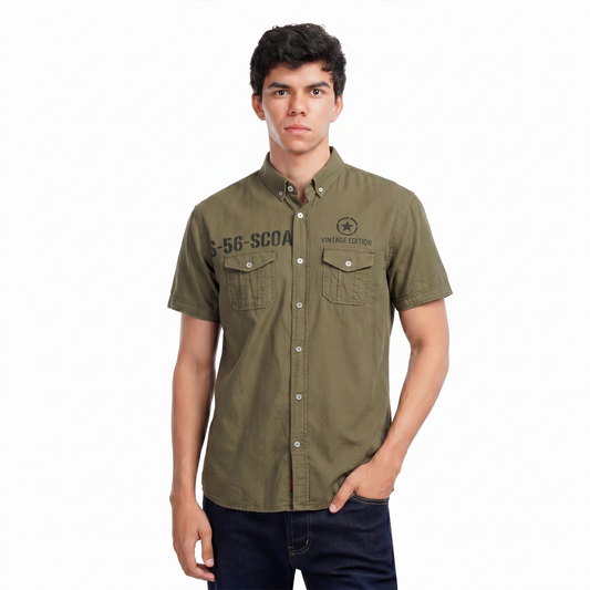 Men's Short Sleeve Casual Button Down Shirt – Printed Vintage Style with Chest Pockets