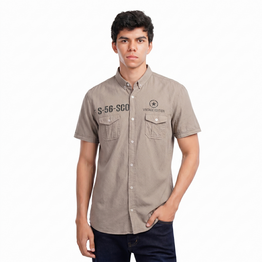 Men's Short Sleeve Casual Button Down Shirt – Printed Vintage Style with Chest Pockets