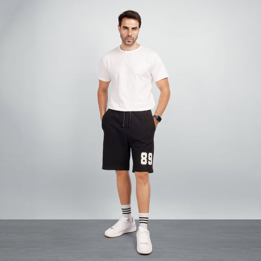 Men's Textured Knit Sweat Shorts with Drawstring Waist & Embroidered 89 Patch