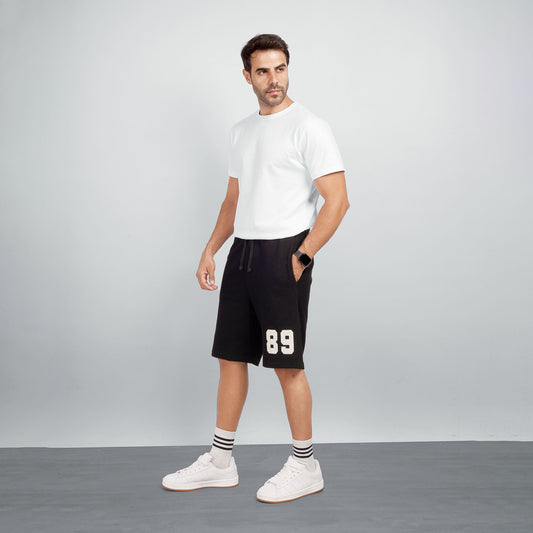 Men's Textured Knit Sweat Shorts with Drawstring Waist & Embroidered 89 Patch