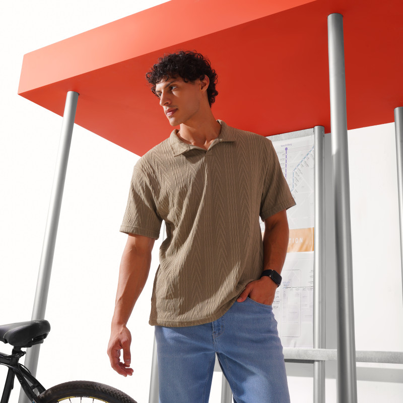 V.Knitted Texture Front Open Polo| olive